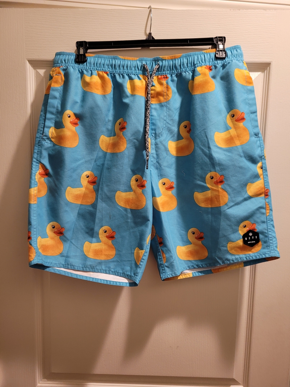 Neff Aqua Blue Swim Trunks with Yellow Rubber Duck Print XL